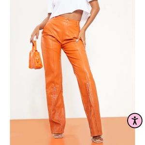 Orange Faux Leather Zip Seam Detail Straight Leg Pants